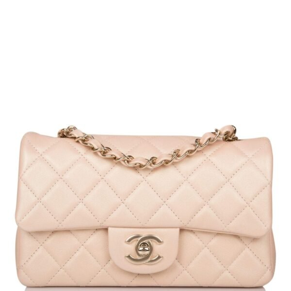 Chanel Beige Iridescent Quilted Lambskin Rectangular Mini Classic Flap Bag Light Gold Hardware