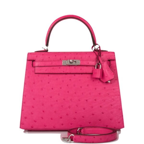 Hermes Rose Tyrien Ostrich Sellier Kelly 25cm Palladium Hardware
